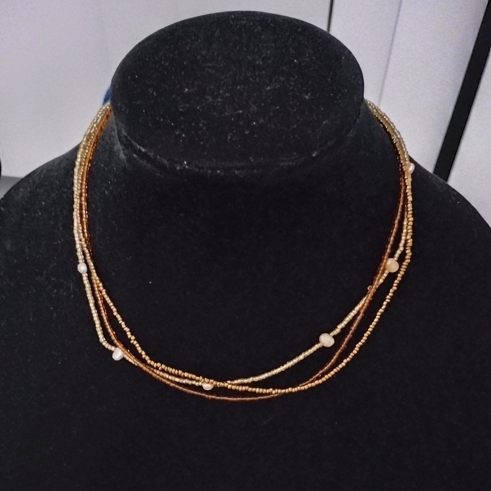 Elegant Golden Bronze Brown Tones Beads Faux Pearls Accents Necklace